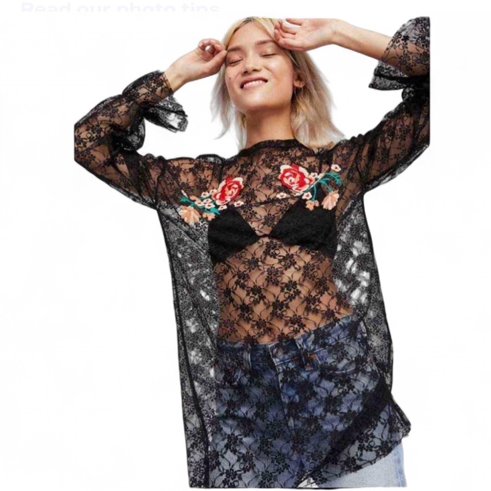 Free People Sheer Lace Top Mini Dress Black Floral Whimsy Goth Boho Festival M